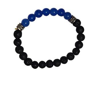 Elegant Lava Stone Blue Bead Stretch Bracelet Silver Tone Accents Jewelry Women